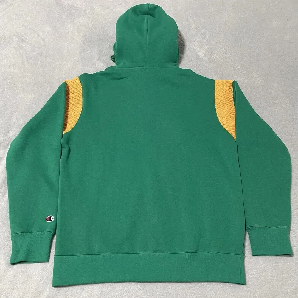 Champion Hoodie Mens Medium Green Yellow Varsity Style Colorblock Fleece Retro